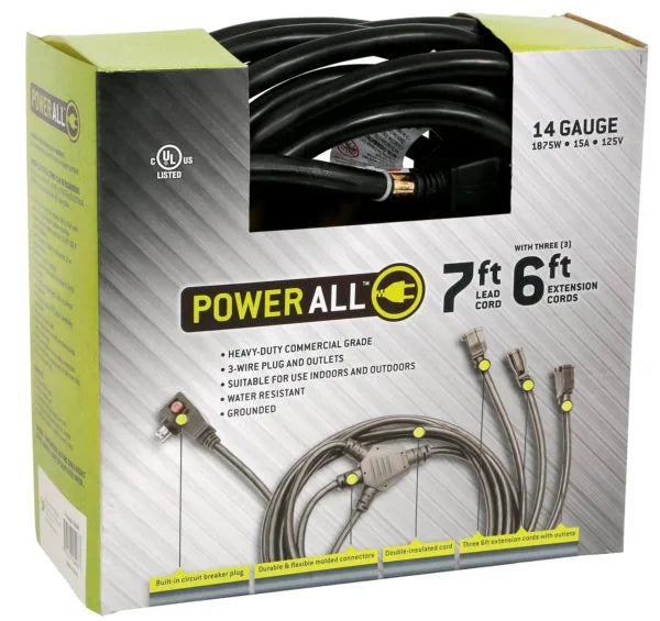 Power All – Commercial-Grade 125V Lead Cord with 3 Extension Cords (7 ft + 3 x 6 ft)