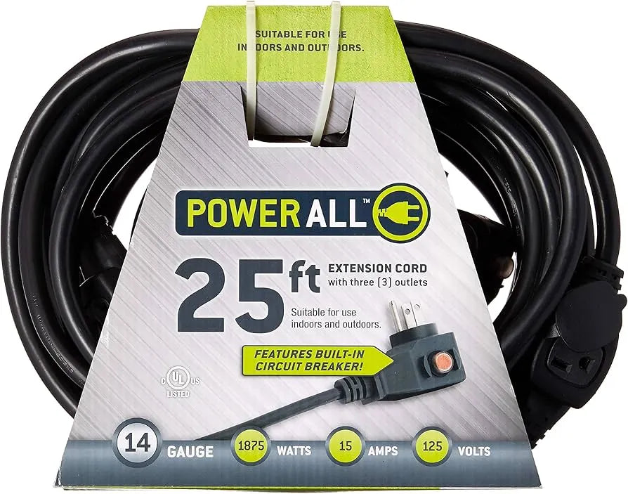 Power All – Commercial-Grade 125V Extension Cord with Circuit Breaker and Triple Plug